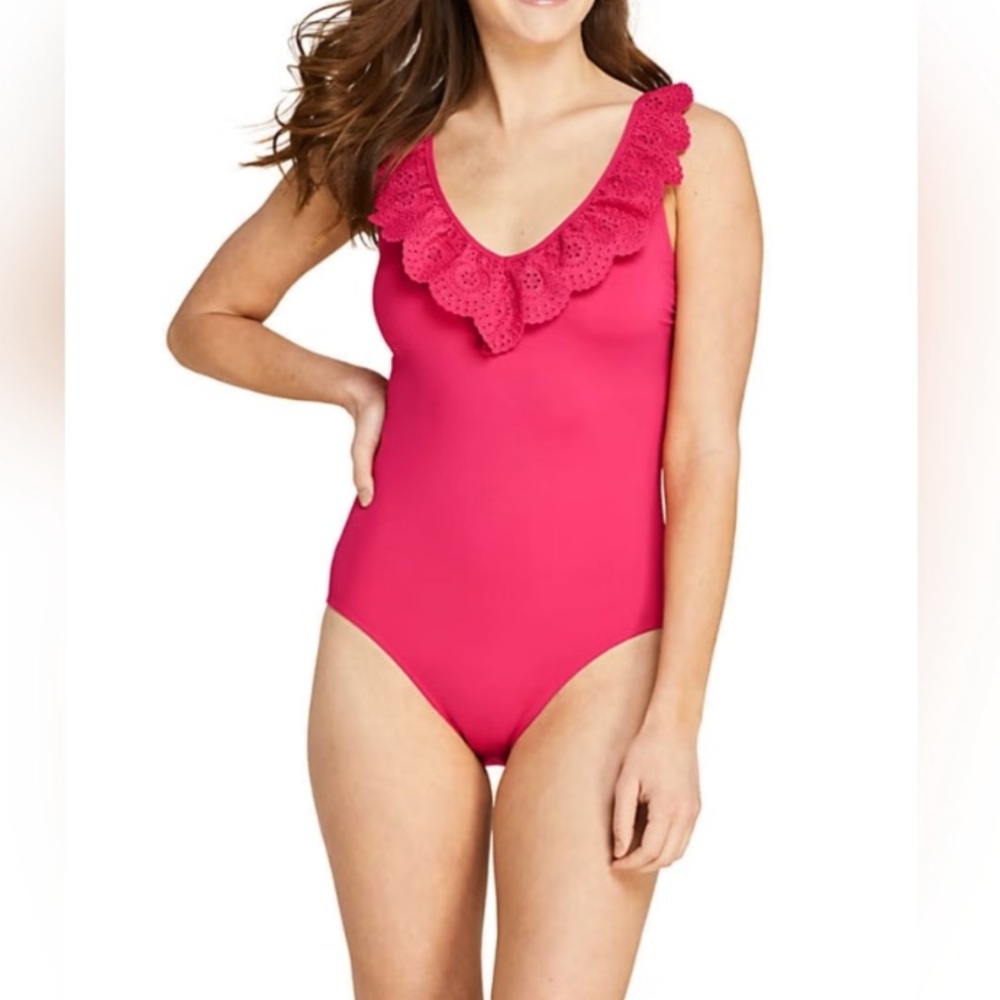 Draper James x Lands End Eyelet Ruffle Neck One Piece Swimsuit in Poppy, 12
